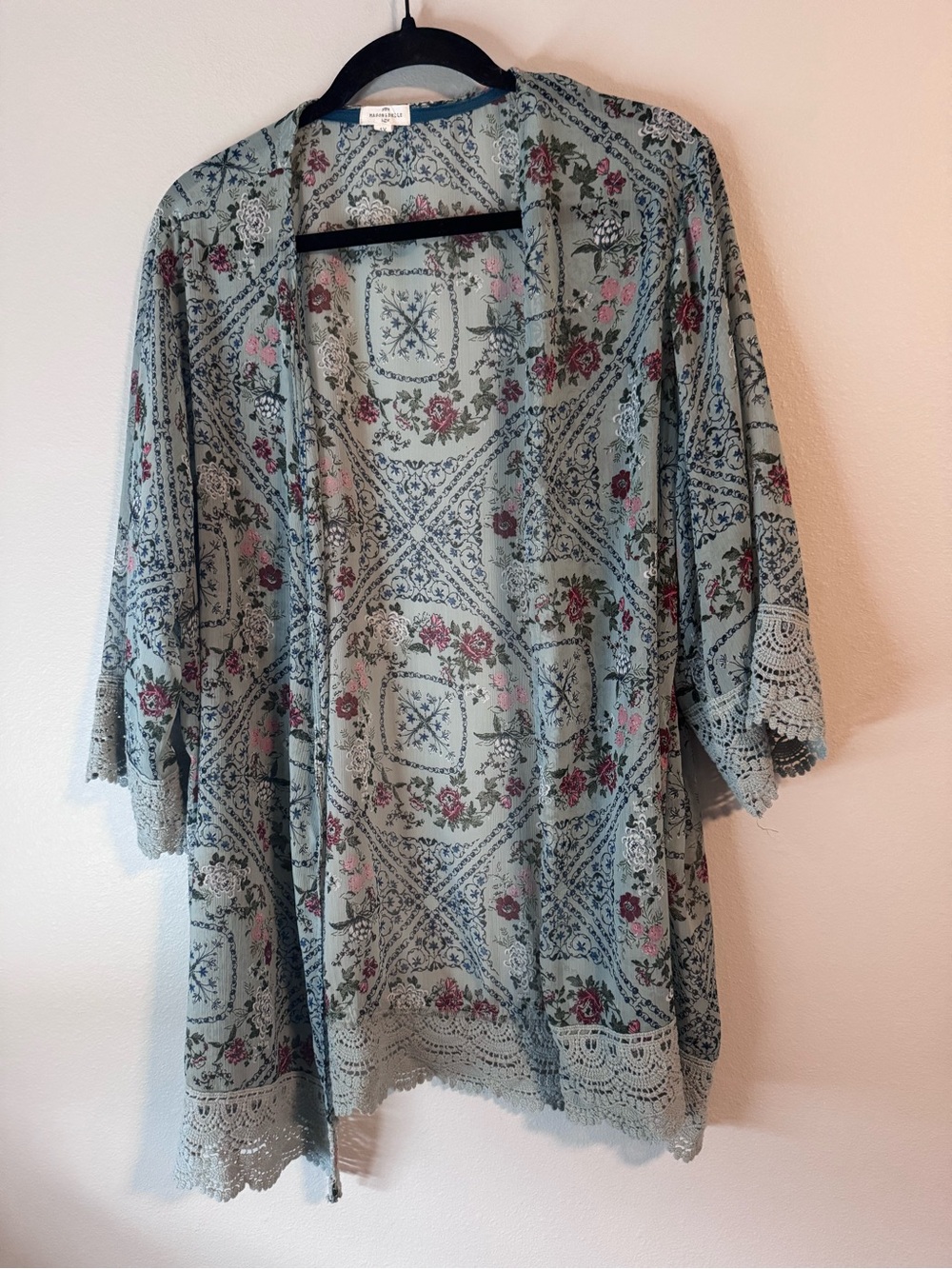 Light Blue Floral Lace-Trim Kimono Jacket